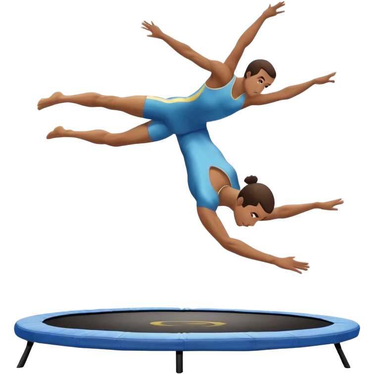 An athletic person soaring high above a trampoline, executing an acrobatic flip with perfect form. The scene captures motion and energy, with a dynamic pose, stretched limbs, and a focused expression. The background suggests a professional trampoline arena with safety padding. emoji