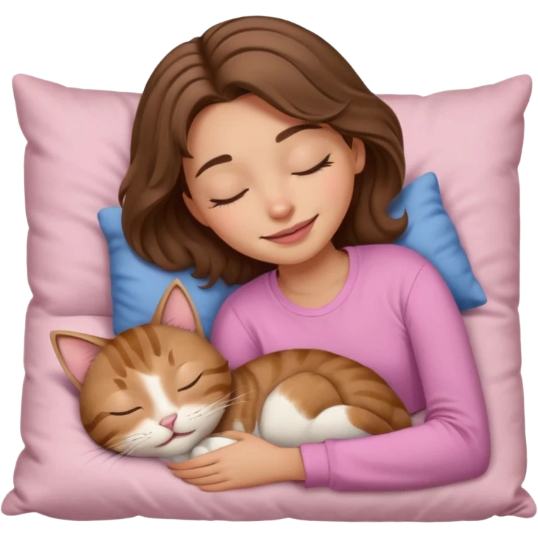girl with wavy long brown hair, brown eyes, light to medium complexion, long lashes, light pink lipstick, smiling, wearing light pink shirt, sleeping on a cozy pillow, with brown tabby cat, sleeping emoji