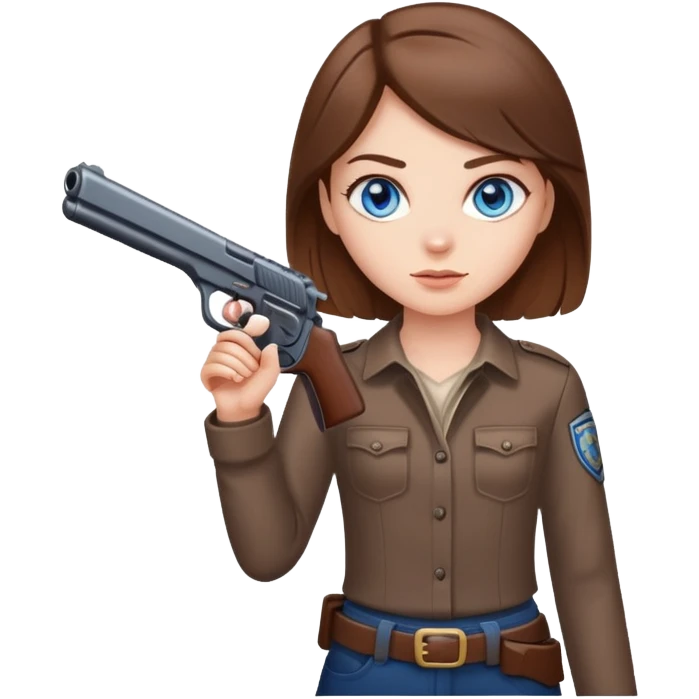 White girl with blue eyes and brown hair holding gun up emoji