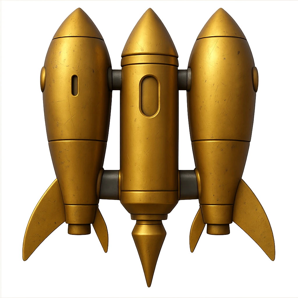 Create a back view of a gold ancient wide jetpack with very shoulder wide side rocket projectiles, no fire, with an apple style emoji look. The jetpack should have a worn and weathered look on the gold surface. Remove the background. emoji