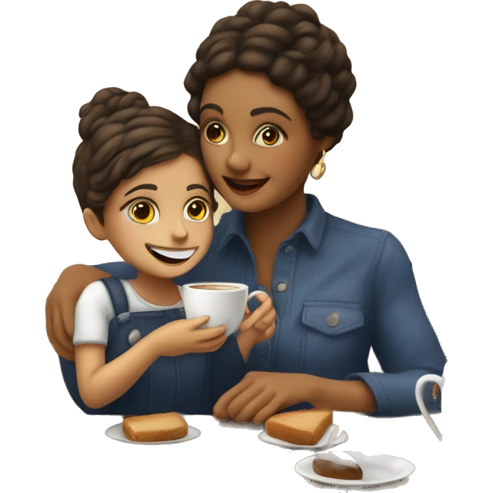 menina loira tomando café com sua filha morena emoji