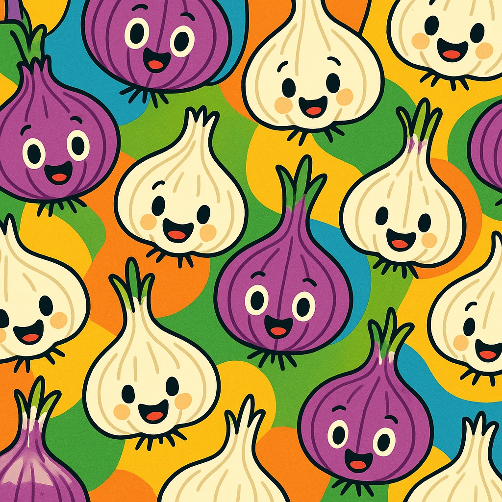 cute animated onion and garlic, seamless background, lively, colorful, simple design emoji