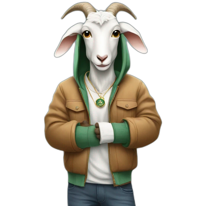 Goat standing and wearing hoodie and rolex in hands emoji