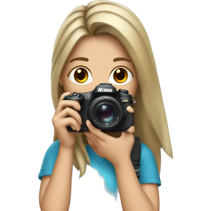 Girl with dark blonde loose ponytail Holding a Nikon Camera in her hands emoji