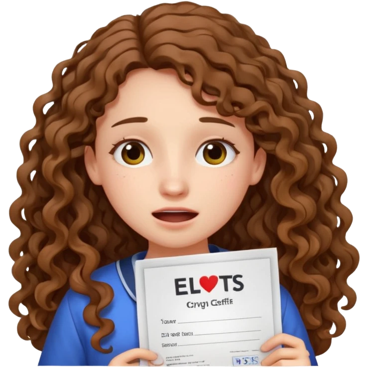 A girl with long curly brown hair crying shows an IELTS certificate with a score of 3.0  emoji