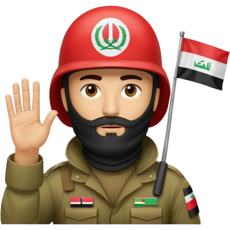 surrenders, depicts an Iraqi soldier from 1980, with a beard, in a helmet, a helmet with sign flag Iraq, with a balaclava, with sad eyes and both hands raised up emoji