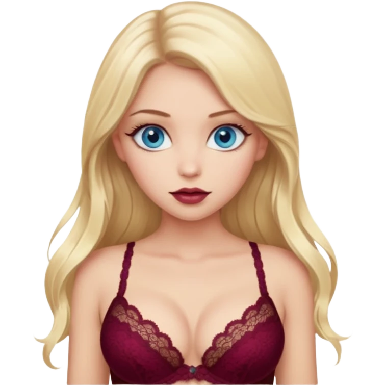 A beautiful blue-eyed girl, a blonde with long hair, full lips, and large eyes, wearing a burgundy lace bra through which her breasts are visible emoji