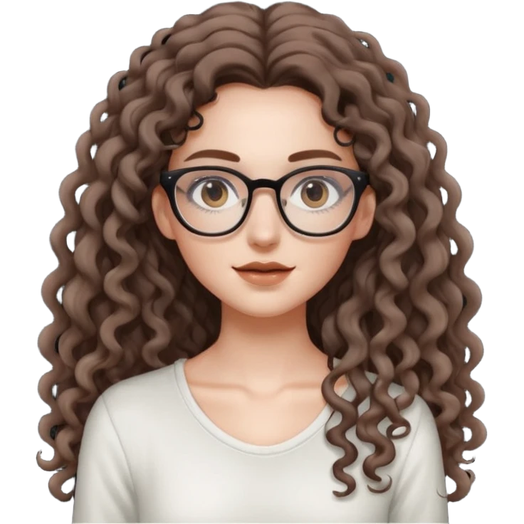 aesthetic white girl with cool colored brown, very long curly hair, she wears an offwhite top and wears thin square glasses and her eyes are black emoji