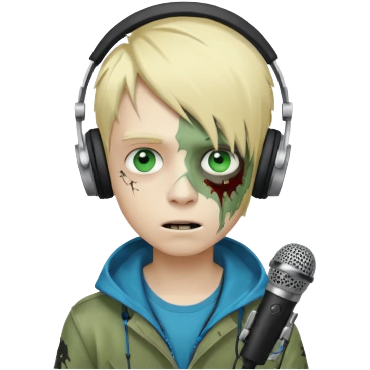boy zombie whit blonde emo hair and eyes blue and green skin and heandphones and a microfone emoji
