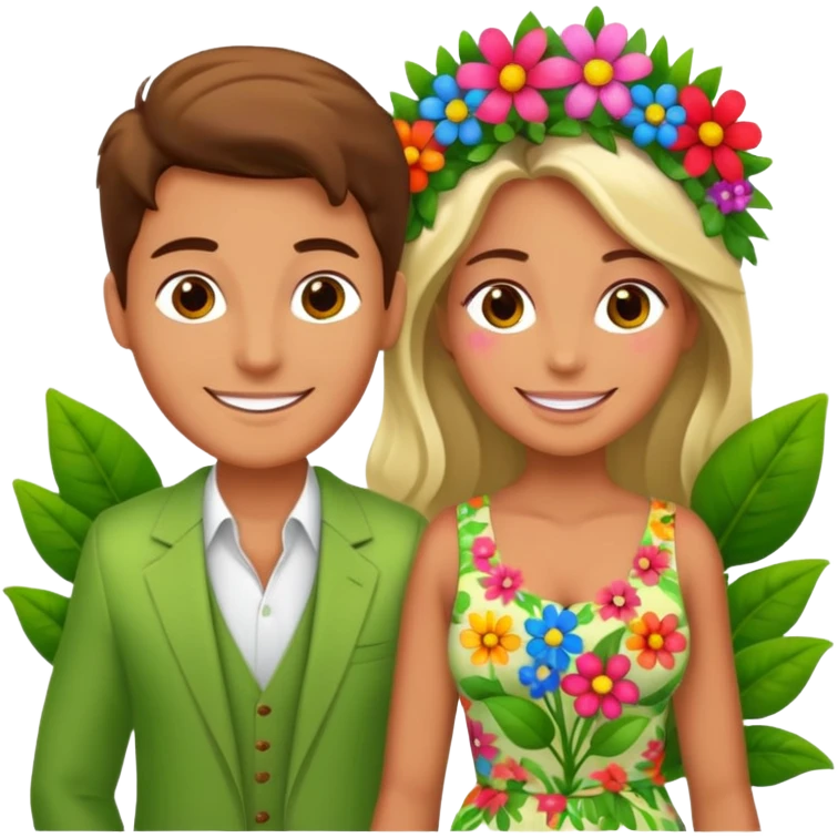 Adam and Eve dressed in clothes made of flowers and plants emoji