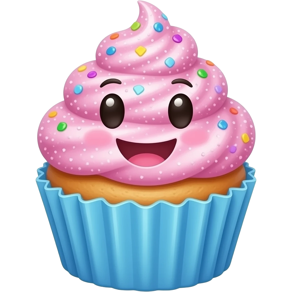 a pink and blue cupcake with a lot of sparkle glitter who is happy and smiling with a face emoji