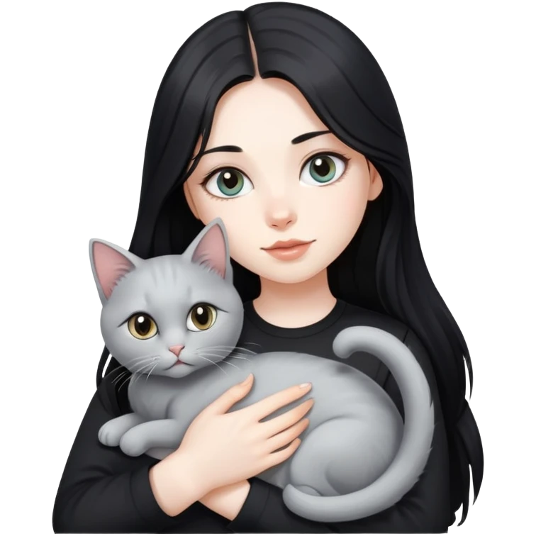 beautiful girl with long black hair wearing a black shirt holding a silver-colored cat emoji