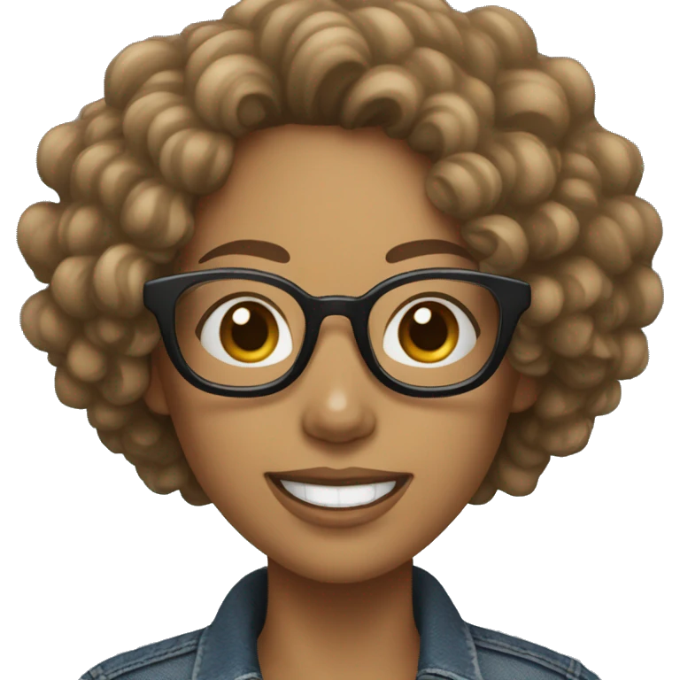 Woman with white skin, curly hair, big smile, wears glasses with black Pincher dog, with jeans and sneakers emoji