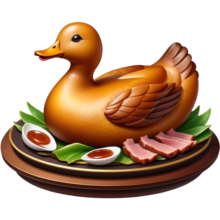Cinematic Realistic Peking Duck Dish Emoji, depicted with crispy, roasted duck with glistening skin and succulent meat, rendered with rich textures and dramatic, appetizing lighting. emoji