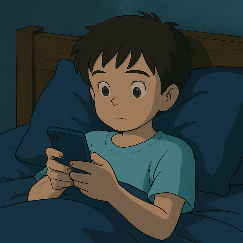 boy in a blue bed, on his phone, wearing a light blue t-shirt emoji