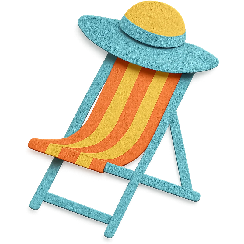 beach chair with stripes and a sun hat, bright colors, paper-craft style emoji