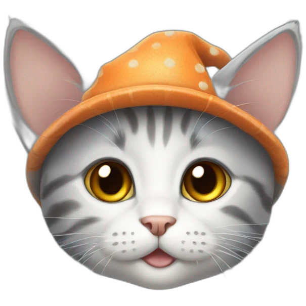 Grey kitten with white spots wearing a pumpkin hat emoji