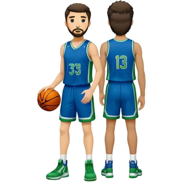 Full Body  white male basketball player with short dark shaggy hair and goatee beard wearing blue and green uniform emoji