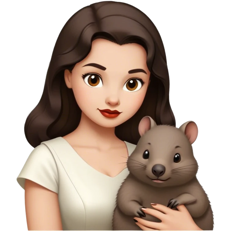 Beautiful woman in 1950’s woman fashion look, white dress, long dark brown hair, wombat emoji