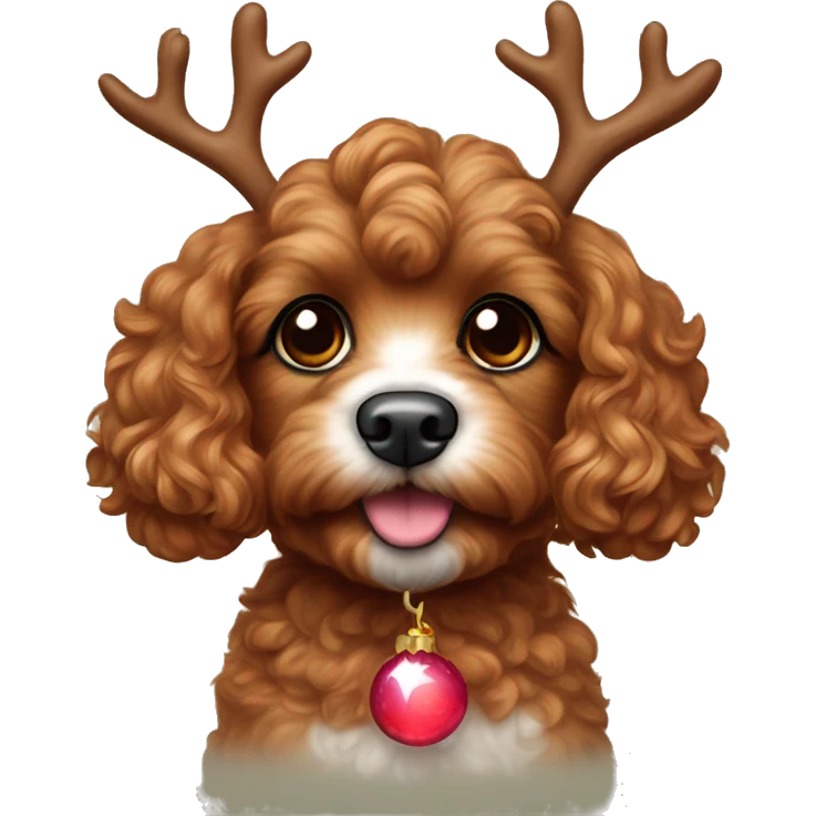 ruby brown toy cavoodle with a glowing red nose and reindeer ear headband on emoji