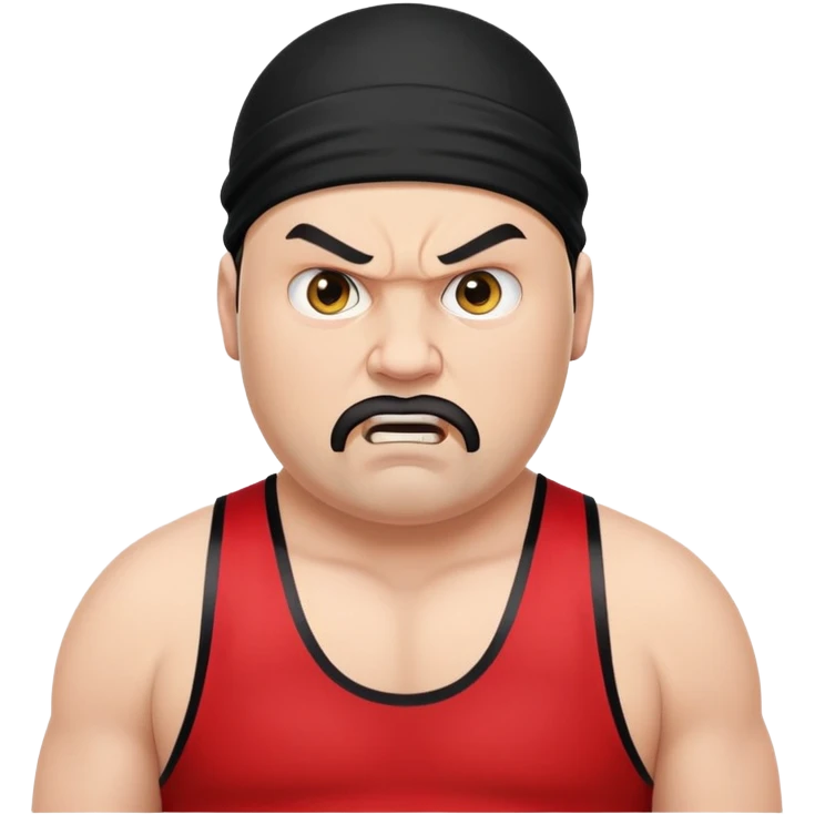 White skin fat guy with prominent black durag, short black beard, black eyes in a red and black wrestling singlet with angry face emoji
