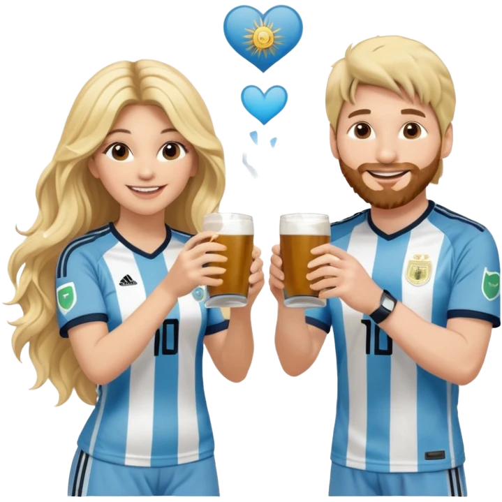 Lionel Messi in Argentina jersey and Shakira in stage clothes, smiling at each other, each holding a traditional yerba mate cup, making a cheerful toast, Shakira with long wavy blonde hair, emoji style, cute and fun emoji