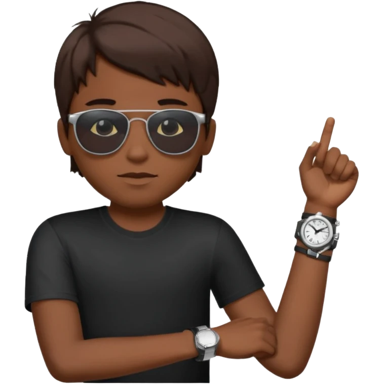 Un niño con pelo lacio color castaño,con lentes de sol negros y un reloj en la muñeca emoji