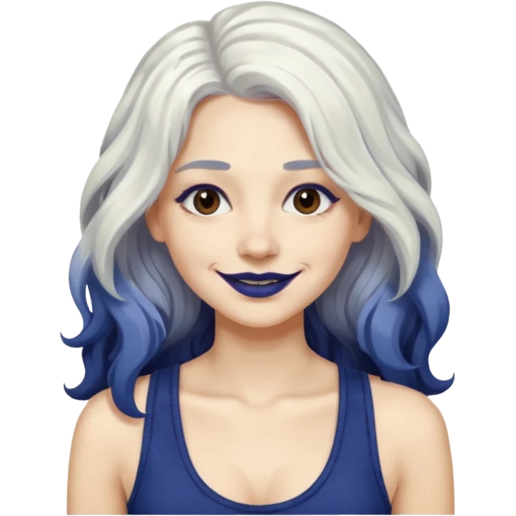 woman with wavy long white hair and brown eyes with dark blue lipstick smiling in a grunge tanktop emoji