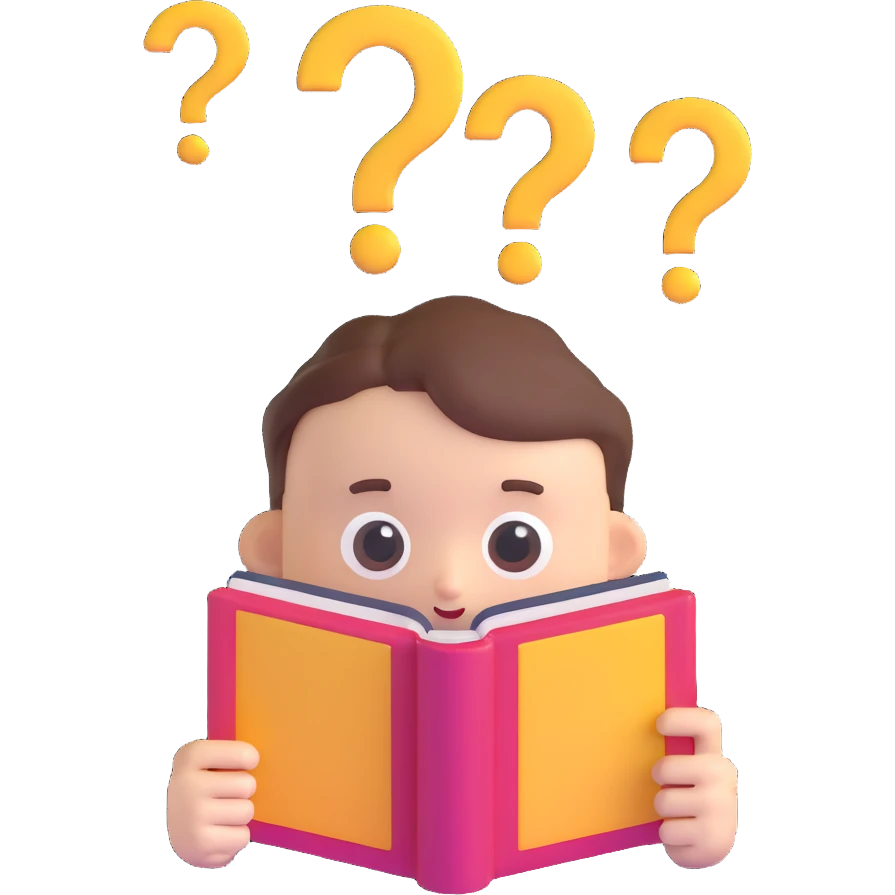 thoughtful character with question marks and open book emoji