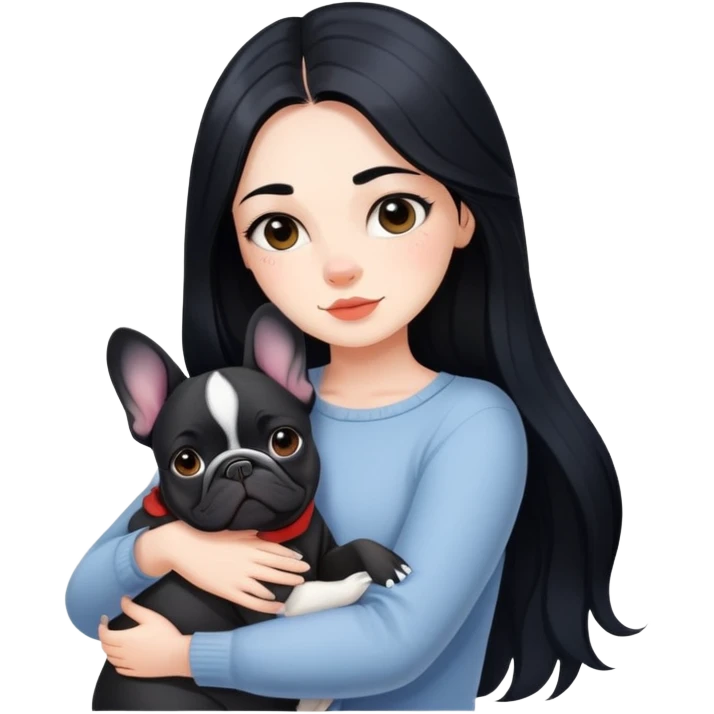 beautiful girl with long black hair hugs a French bulldog emoji