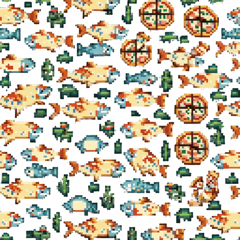 Fish pizza with fish toppings on a pizza crust, 8-bit style emoji