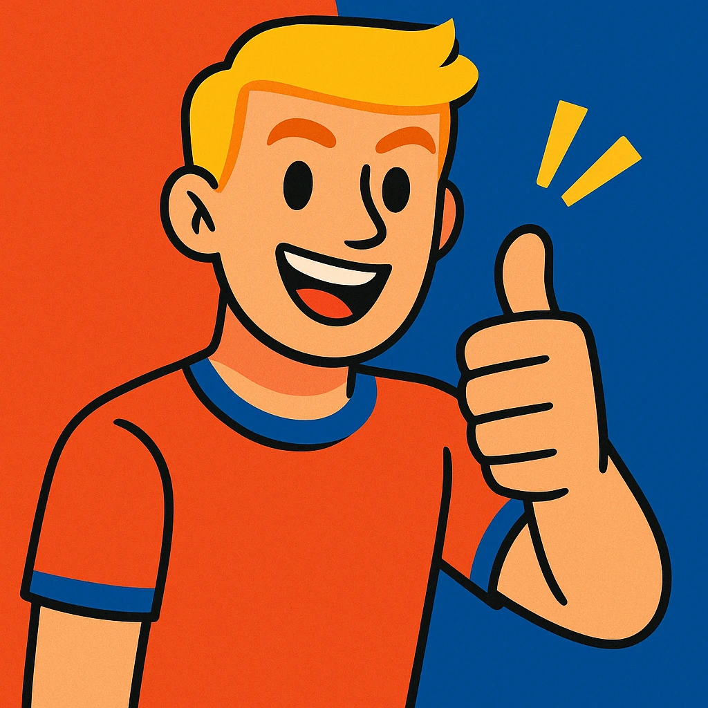 young blond man with short hair giving encouragement, vibrant toon style, cheerful and motivating expression emoji