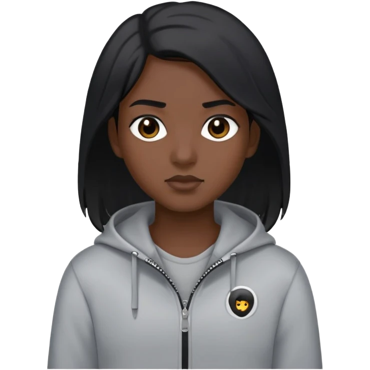 dark skin, medium length black hair, black eyes, gray zip-up clothes emoji