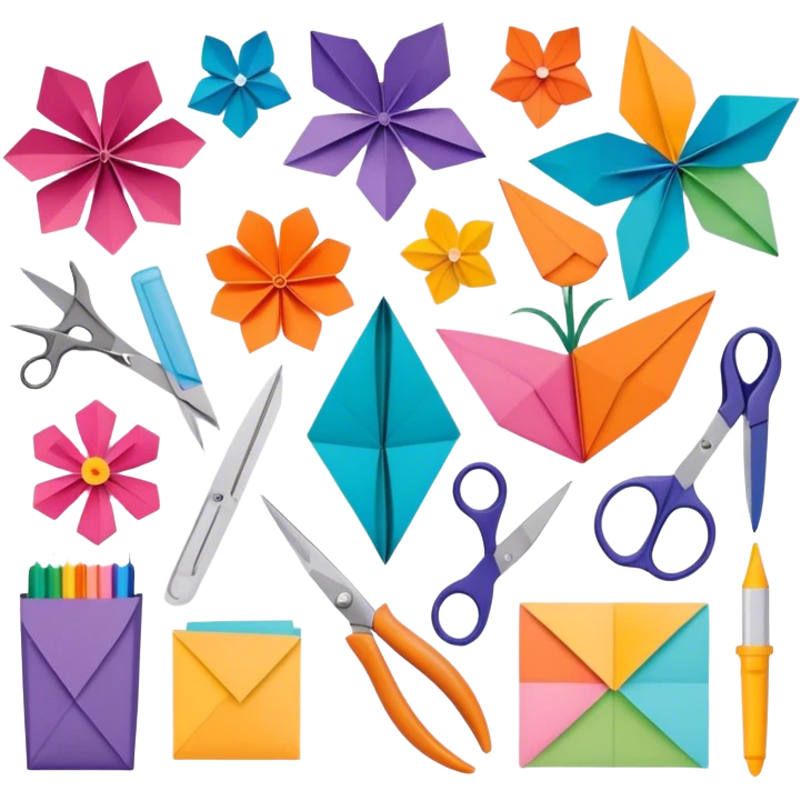 "Paper crafting icon, various paper crafts like origami, paper flowers, and scrapbooking materials, visible tools such as scissors, glue stick, and paper sheets, colorful paper patterns, minimalistic style, clean lines, transparent background." emoji