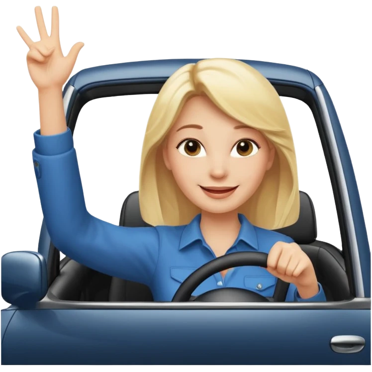 blonde woman driving car. one hand up Happy face confidence emoji