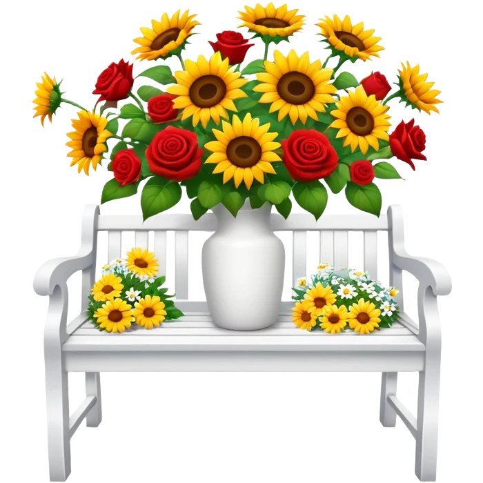 White bench with a romantic lush warm-colored flower vase on top emoji