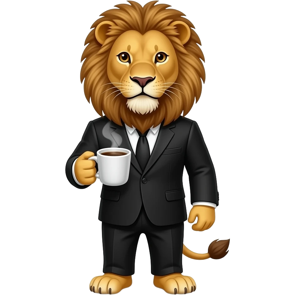 Leion with a suit on and coffee emoji