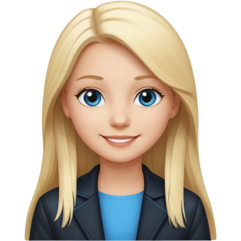 A white girl with long straight blonde hair, blue eyes and a white dress with a smiling black jacket emoji