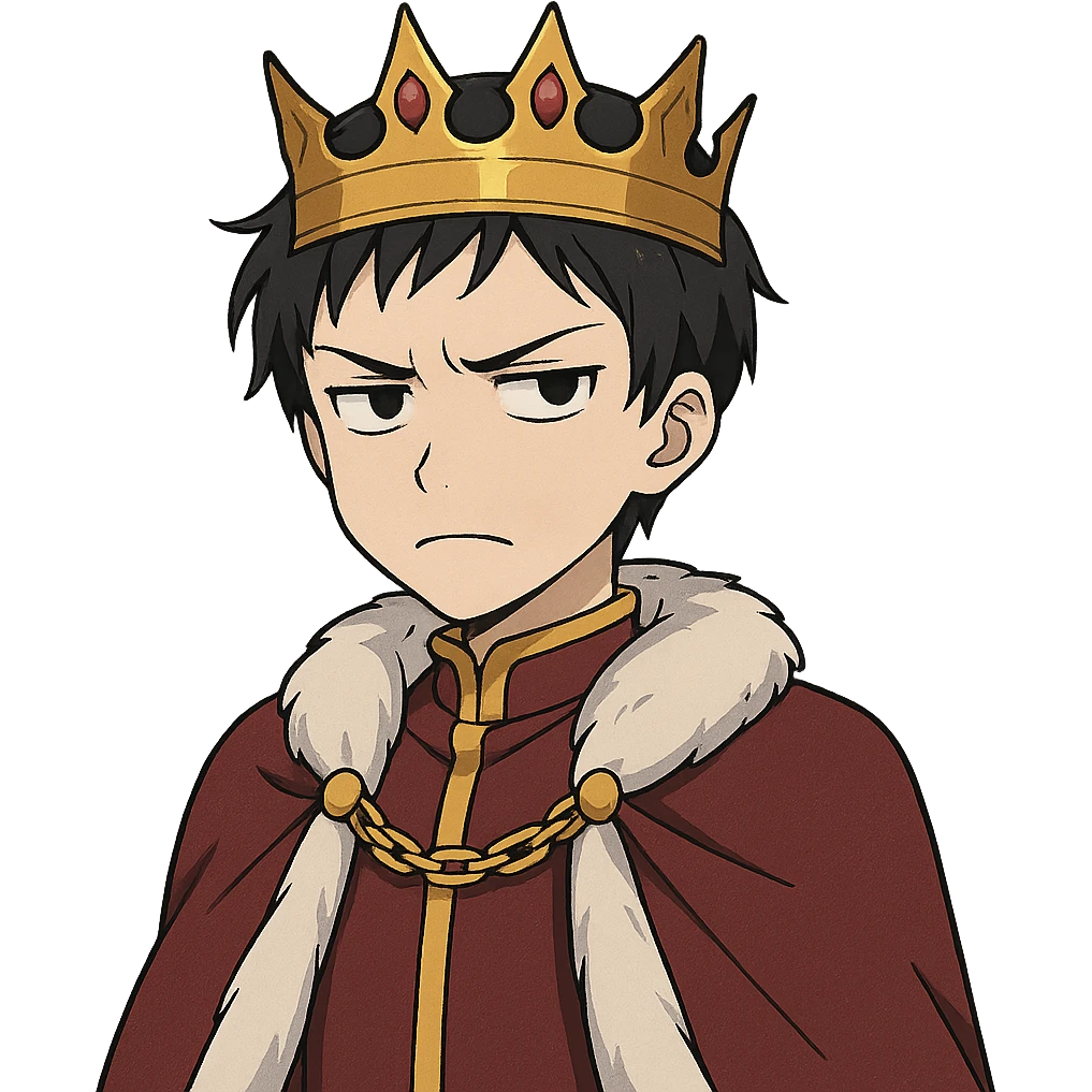 annoyed prince with crown, very light skin, dark eyes, dark hair, anime style emoji
