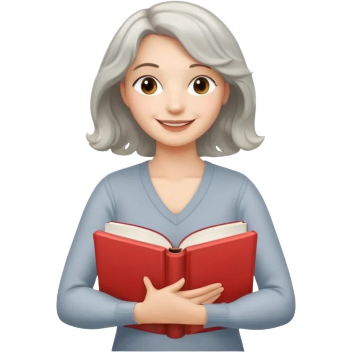 Silver hair, wavy/curly hair chin-length lady giving hug with 2 arms,  v-neck and smiling, add a favorite book emoji