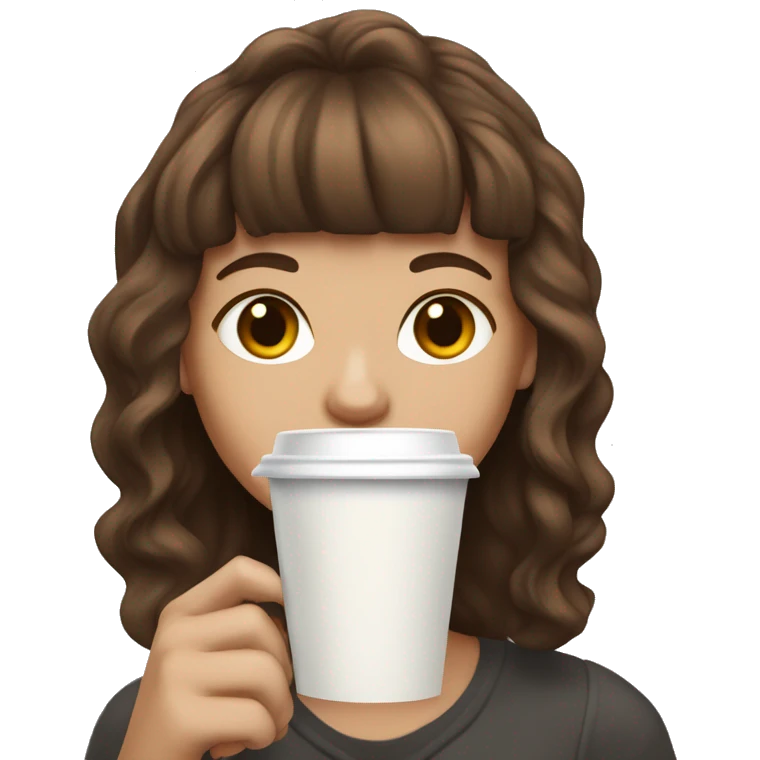 Girl with brown wavy hair, straight short bangs and white skin holding stabucks cup emoji