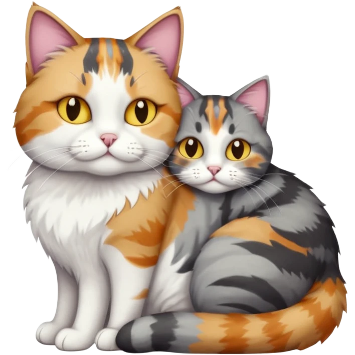 full body colourful light patched calico + white tabby cat cuddling a big dark grey and white tabby cat  emoji