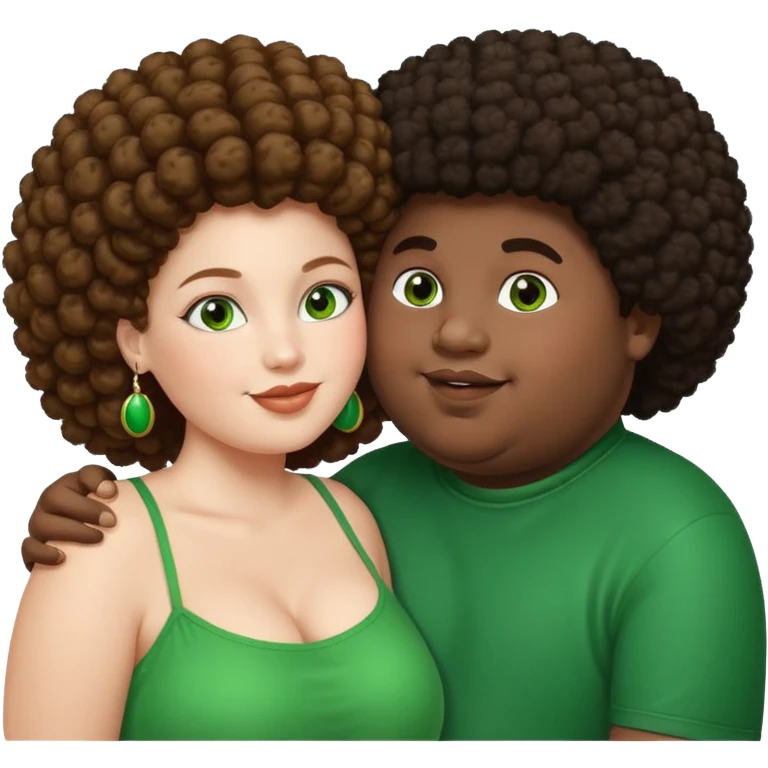 very dark fat boy with afro kissing pretty white girl with long brown hair and green eyes  emoji