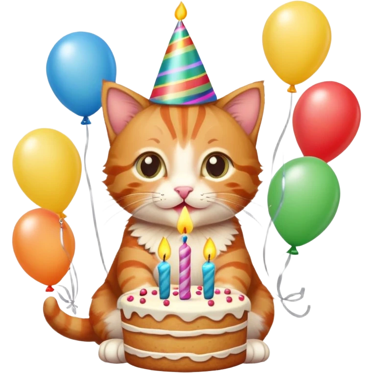 Ginger tabby kitten celebrates birthday, birthday hat, birthday cake, one candle, balloons, happy, gifts emoji