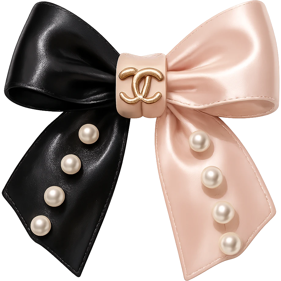 Remove the background, keep only the elegant bow with pearls and gold Chanel logo, glossy, pastel colors, realistic style, with no background. black pink emoji