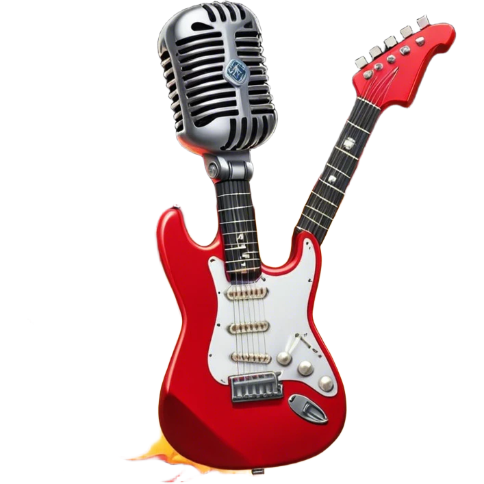 Create a fierce and edgy emoji representing hardcore rock vocal performance in a humanless collage. The design should feature a vintage microphone at the center, Add crossed drumsticks behind the microphone to symbolize the rhythm and power of the drums. surrounded by a menacing, distorted electric guitar with sharp, aggressive angles. Include subtle elements like lightning bolts, flames, or jagged sound waves to evoke the raw energy and intensity of hardcore rock. Use dark, intense colors like black, red, and silver, with a metallic, gritty finish to convey the rebellious, aggressive spirit of the genre. The background should be transparent. emoji