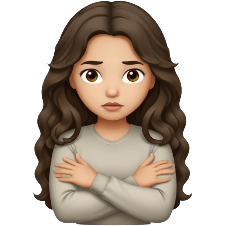 Hispanic light tan girl with long dark wavy hair with arms folded and pouting slightly. Wearing a long sleeve. emoji