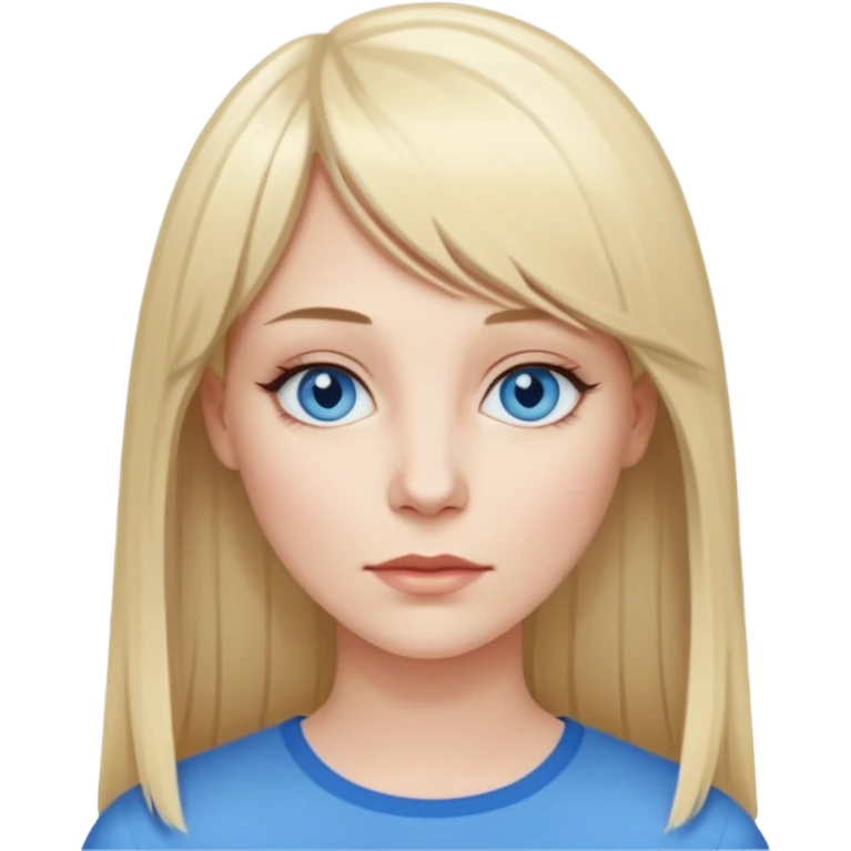 35 yr old white woman, pale skin, long straight blond hair parted in center, blue eyes, bangs emoji