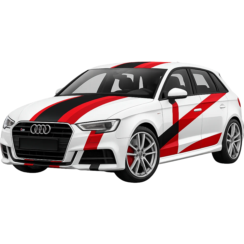 Add bold racing stripes to the white Audi S3 8V. Keep the background transparent. Maintain the car's original style and details. emoji