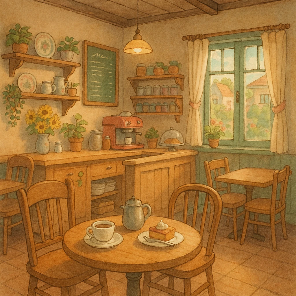 a cozy cafe, soft colors, whimsical details, Ghibli style emoji